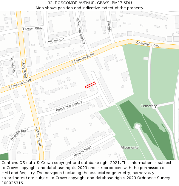 33, BOSCOMBE AVENUE, GRAYS, RM17 6DU: Location map and indicative extent of plot