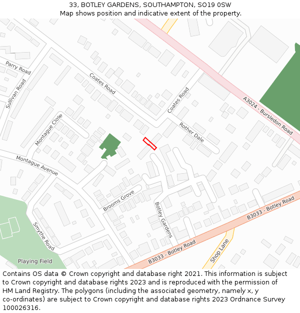 33, BOTLEY GARDENS, SOUTHAMPTON, SO19 0SW: Location map and indicative extent of plot