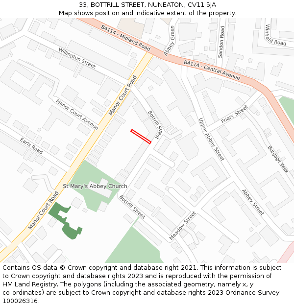 33, BOTTRILL STREET, NUNEATON, CV11 5JA: Location map and indicative extent of plot