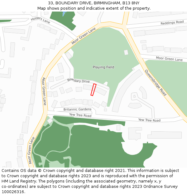 33, BOUNDARY DRIVE, BIRMINGHAM, B13 8NY: Location map and indicative extent of plot