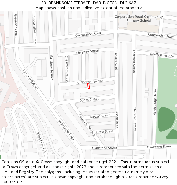 33, BRANKSOME TERRACE, DARLINGTON, DL3 6AZ: Location map and indicative extent of plot