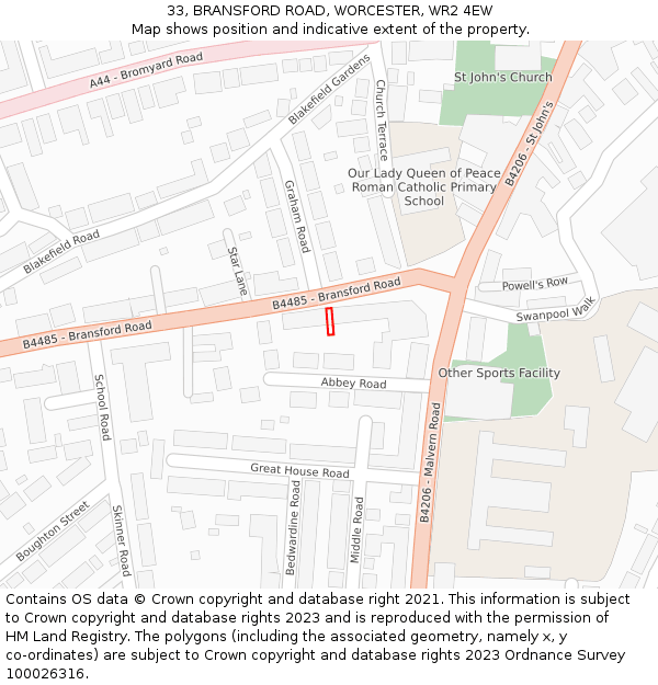 33, BRANSFORD ROAD, WORCESTER, WR2 4EW: Location map and indicative extent of plot