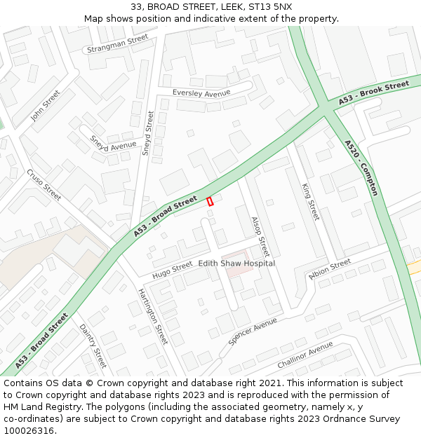 33, BROAD STREET, LEEK, ST13 5NX: Location map and indicative extent of plot