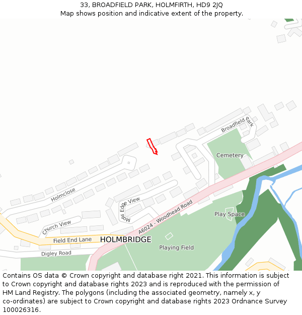 33, BROADFIELD PARK, HOLMFIRTH, HD9 2JQ: Location map and indicative extent of plot