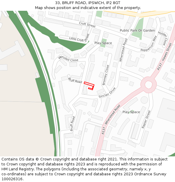 33, BRUFF ROAD, IPSWICH, IP2 8GT: Location map and indicative extent of plot