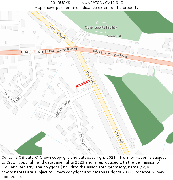 33, BUCKS HILL, NUNEATON, CV10 9LG: Location map and indicative extent of plot