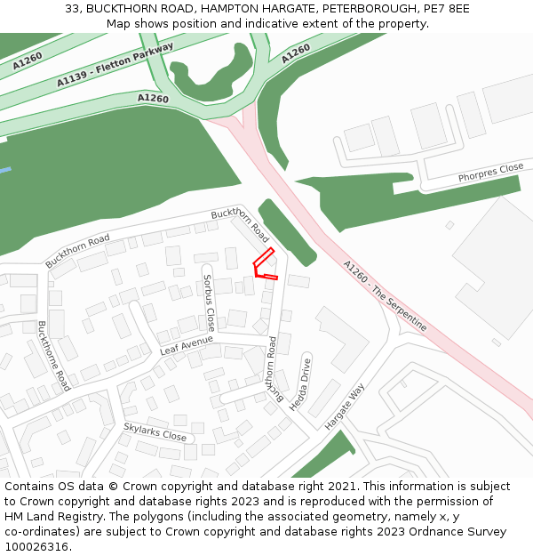 33, BUCKTHORN ROAD, HAMPTON HARGATE, PETERBOROUGH, PE7 8EE: Location map and indicative extent of plot