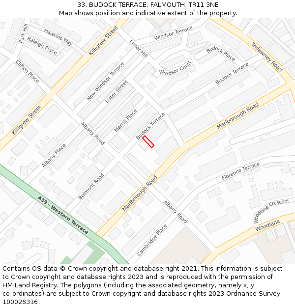33, BUDOCK TERRACE, FALMOUTH, TR11 3NE: Location map and indicative extent of plot