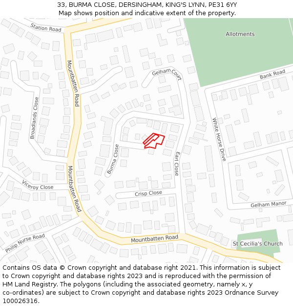 33, BURMA CLOSE, DERSINGHAM, KING'S LYNN, PE31 6YY: Location map and indicative extent of plot