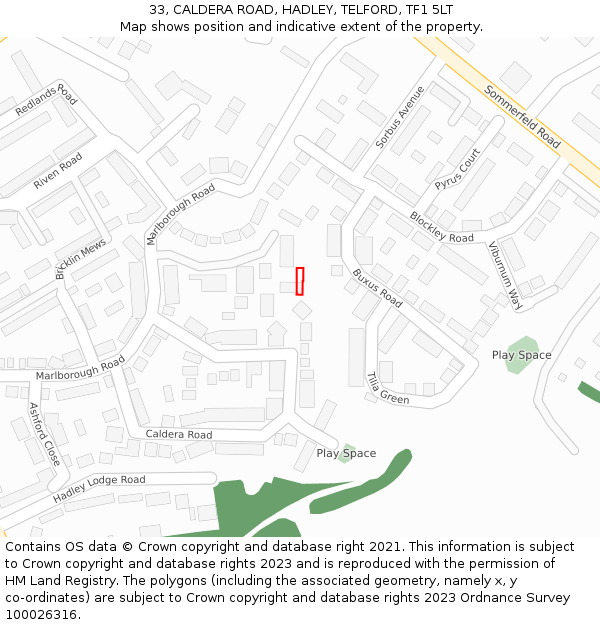 33, CALDERA ROAD, HADLEY, TELFORD, TF1 5LT: Location map and indicative extent of plot