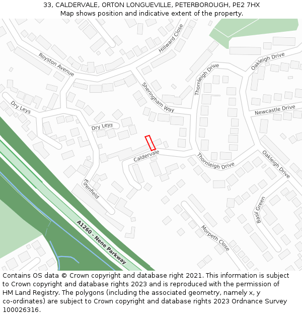 33, CALDERVALE, ORTON LONGUEVILLE, PETERBOROUGH, PE2 7HX: Location map and indicative extent of plot