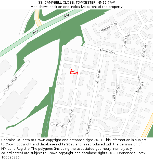 33, CAMPBELL CLOSE, TOWCESTER, NN12 7AW: Location map and indicative extent of plot