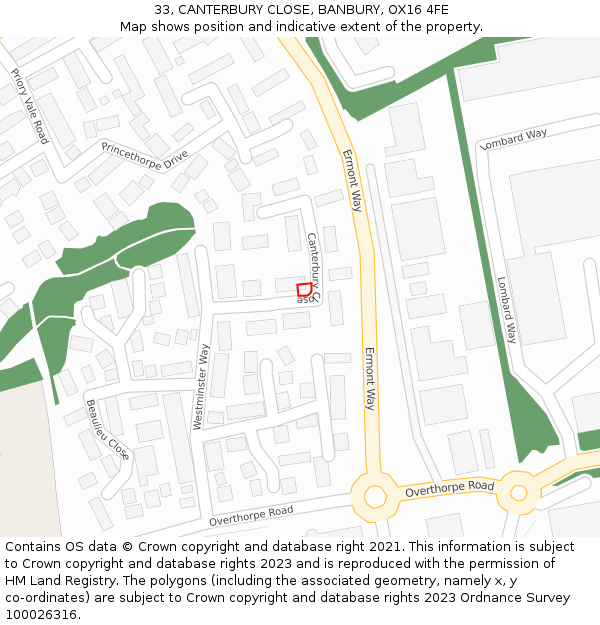 33, CANTERBURY CLOSE, BANBURY, OX16 4FE: Location map and indicative extent of plot