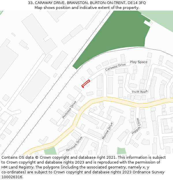 33, CARAWAY DRIVE, BRANSTON, BURTON-ON-TRENT, DE14 3FQ: Location map and indicative extent of plot