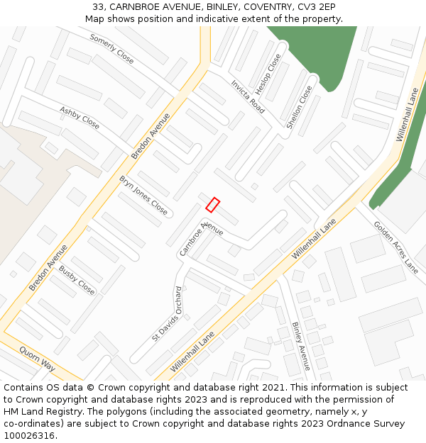 33, CARNBROE AVENUE, BINLEY, COVENTRY, CV3 2EP: Location map and indicative extent of plot
