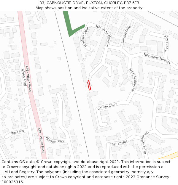 33, CARNOUSTIE DRIVE, EUXTON, CHORLEY, PR7 6FR: Location map and indicative extent of plot