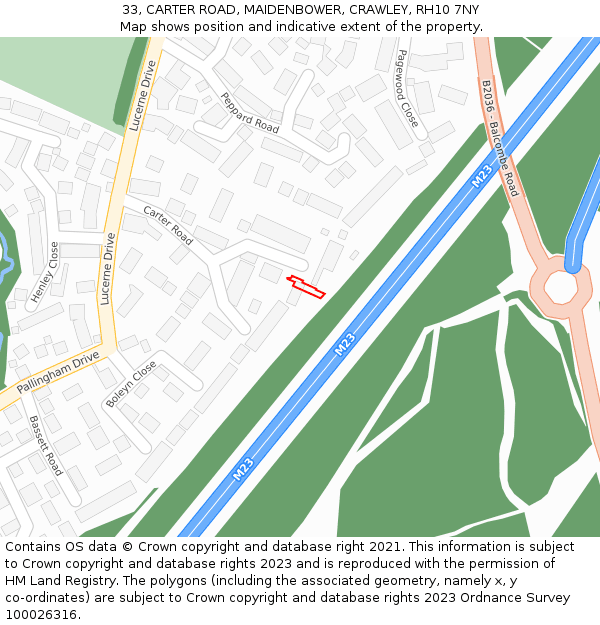 33, CARTER ROAD, MAIDENBOWER, CRAWLEY, RH10 7NY: Location map and indicative extent of plot