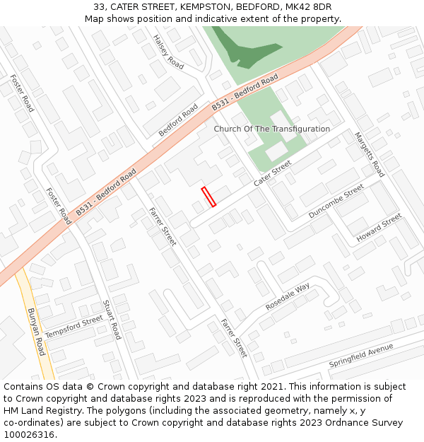33, CATER STREET, KEMPSTON, BEDFORD, MK42 8DR: Location map and indicative extent of plot