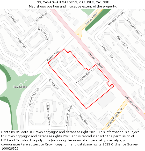 33, CAVAGHAN GARDENS, CARLISLE, CA1 3BF: Location map and indicative extent of plot