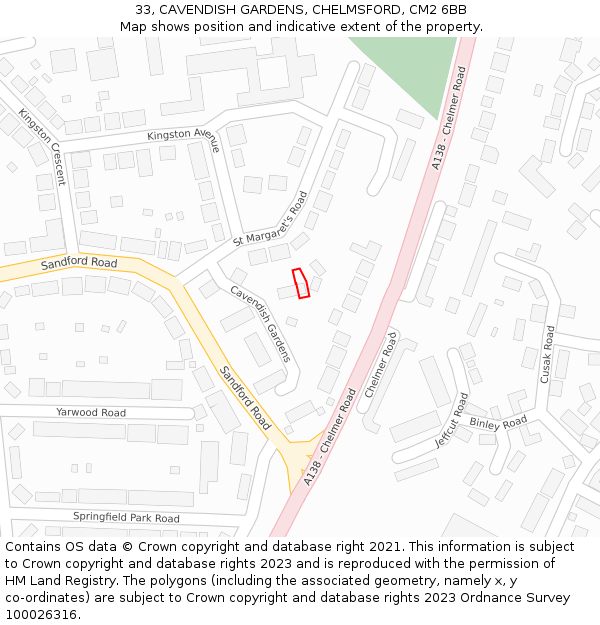 33, CAVENDISH GARDENS, CHELMSFORD, CM2 6BB: Location map and indicative extent of plot