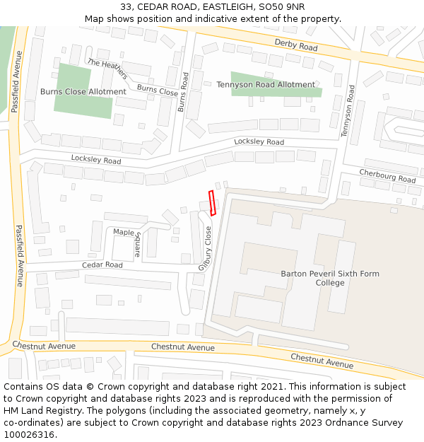 33, CEDAR ROAD, EASTLEIGH, SO50 9NR: Location map and indicative extent of plot