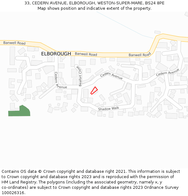 33, CEDERN AVENUE, ELBOROUGH, WESTON-SUPER-MARE, BS24 8PE: Location map and indicative extent of plot