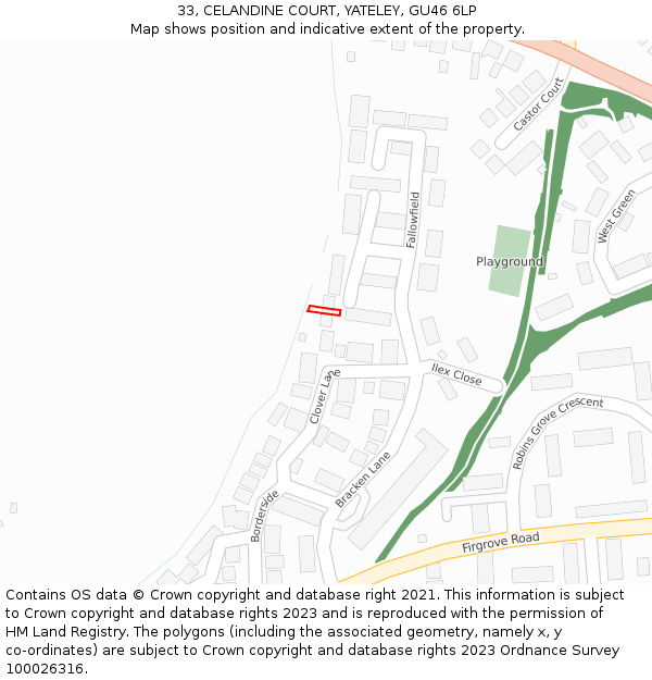 33, CELANDINE COURT, YATELEY, GU46 6LP: Location map and indicative extent of plot