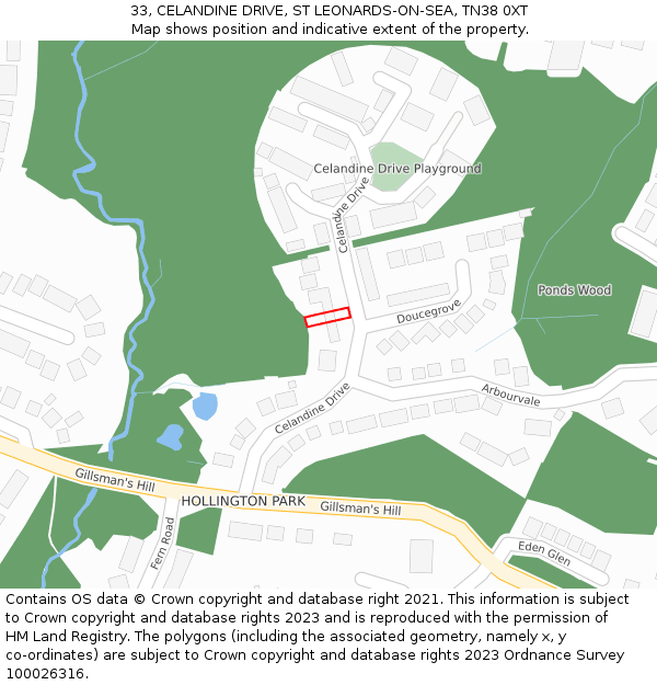 33, CELANDINE DRIVE, ST LEONARDS-ON-SEA, TN38 0XT: Location map and indicative extent of plot