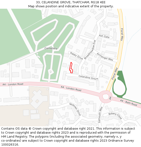 33, CELANDINE GROVE, THATCHAM, RG18 4EE: Location map and indicative extent of plot