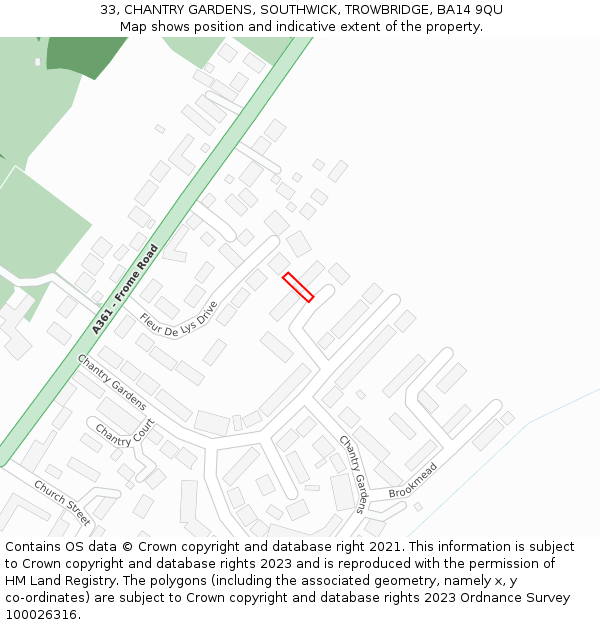 33, CHANTRY GARDENS, SOUTHWICK, TROWBRIDGE, BA14 9QU: Location map and indicative extent of plot