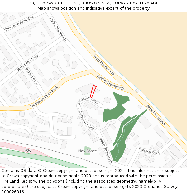33, CHATSWORTH CLOSE, RHOS ON SEA, COLWYN BAY, LL28 4DE: Location map and indicative extent of plot