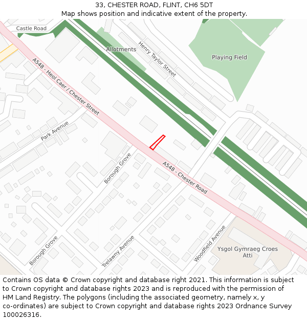 33, CHESTER ROAD, FLINT, CH6 5DT: Location map and indicative extent of plot