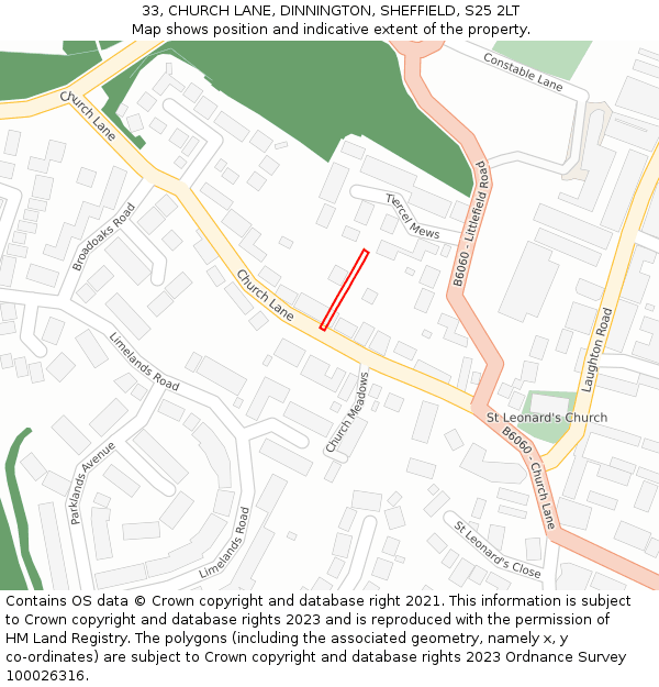 33, CHURCH LANE, DINNINGTON, SHEFFIELD, S25 2LT: Location map and indicative extent of plot