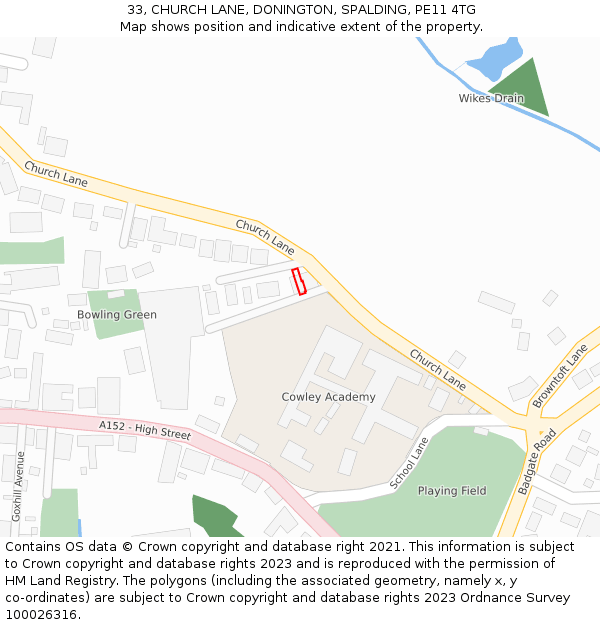 33, CHURCH LANE, DONINGTON, SPALDING, PE11 4TG: Location map and indicative extent of plot