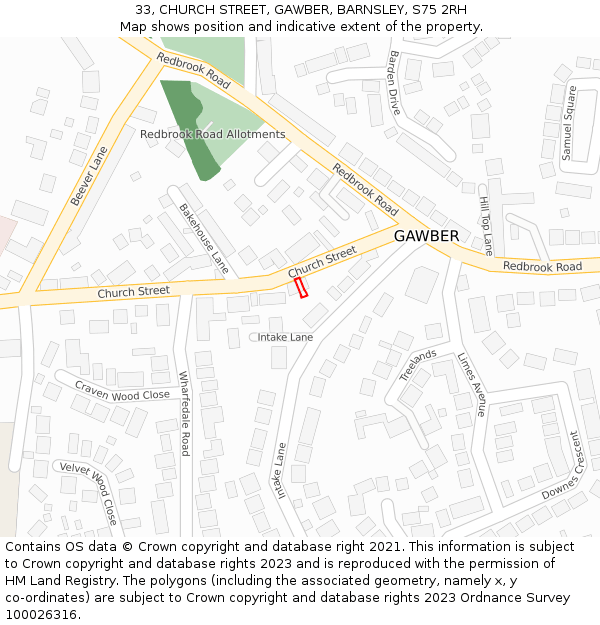 33, CHURCH STREET, GAWBER, BARNSLEY, S75 2RH: Location map and indicative extent of plot