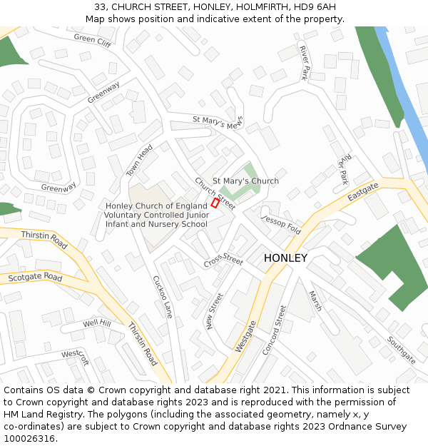 33, CHURCH STREET, HONLEY, HOLMFIRTH, HD9 6AH: Location map and indicative extent of plot