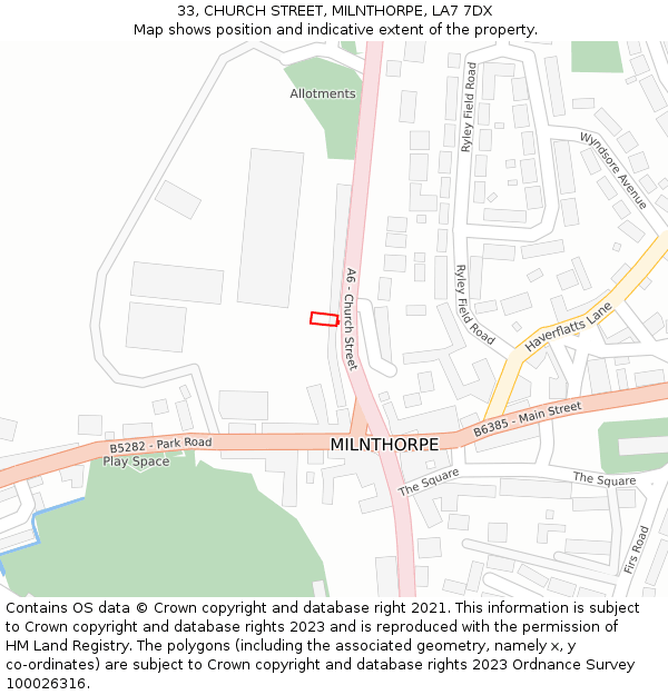 33, CHURCH STREET, MILNTHORPE, LA7 7DX: Location map and indicative extent of plot