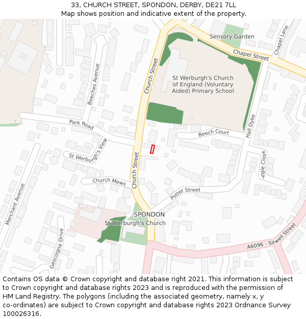 33, CHURCH STREET, SPONDON, DERBY, DE21 7LL: Location map and indicative extent of plot