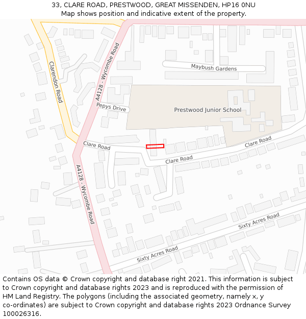 33, CLARE ROAD, PRESTWOOD, GREAT MISSENDEN, HP16 0NU: Location map and indicative extent of plot