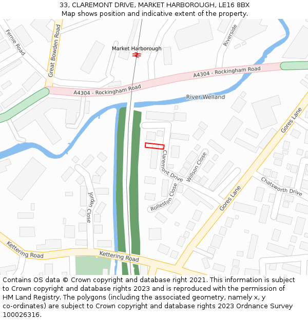 33, CLAREMONT DRIVE, MARKET HARBOROUGH, LE16 8BX: Location map and indicative extent of plot