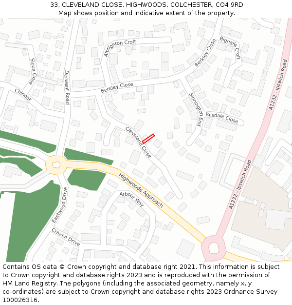 33, CLEVELAND CLOSE, HIGHWOODS, COLCHESTER, CO4 9RD: Location map and indicative extent of plot