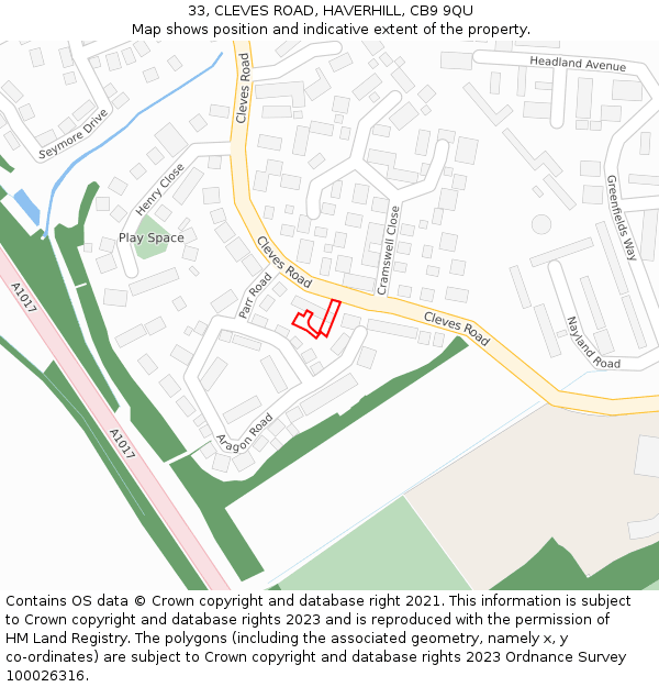 33, CLEVES ROAD, HAVERHILL, CB9 9QU: Location map and indicative extent of plot