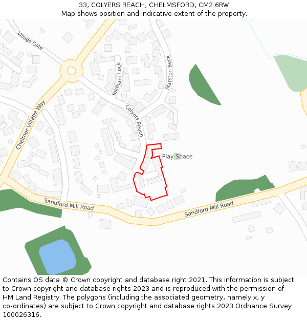 33, COLYERS REACH, CHELMSFORD, CM2 6RW: Location map and indicative extent of plot