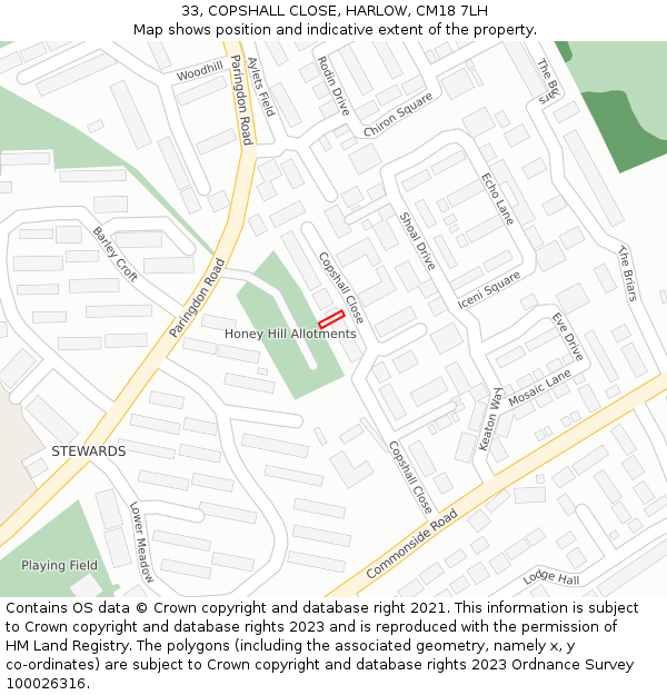 33, COPSHALL CLOSE, HARLOW, CM18 7LH: Location map and indicative extent of plot