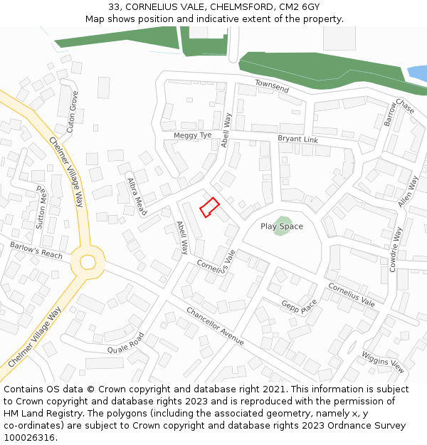 33, CORNELIUS VALE, CHELMSFORD, CM2 6GY: Location map and indicative extent of plot