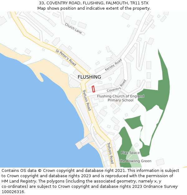 33, COVENTRY ROAD, FLUSHING, FALMOUTH, TR11 5TX: Location map and indicative extent of plot