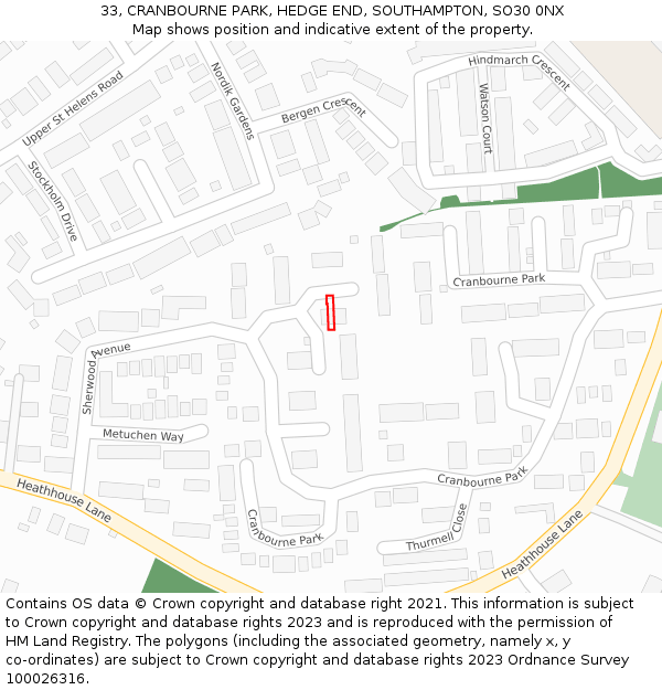 33, CRANBOURNE PARK, HEDGE END, SOUTHAMPTON, SO30 0NX: Location map and indicative extent of plot