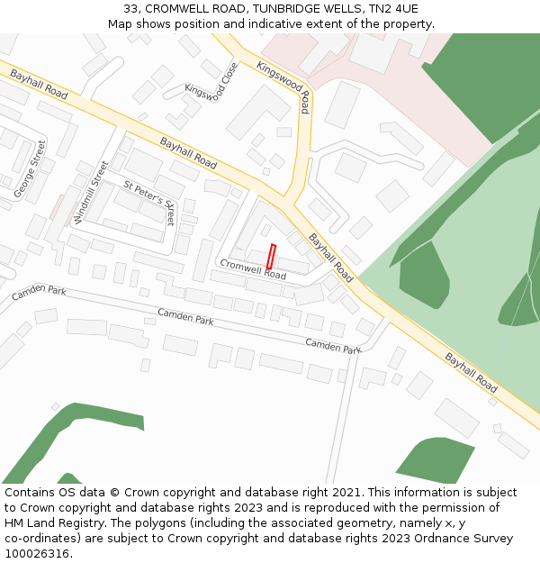 33, CROMWELL ROAD, TUNBRIDGE WELLS, TN2 4UE: Location map and indicative extent of plot