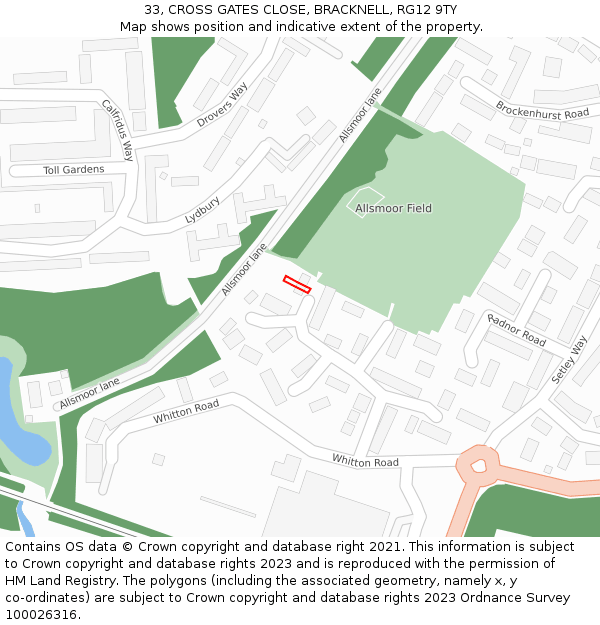 33, CROSS GATES CLOSE, BRACKNELL, RG12 9TY: Location map and indicative extent of plot