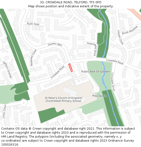 33, CROWDALE ROAD, TELFORD, TF5 0PD: Location map and indicative extent of plot